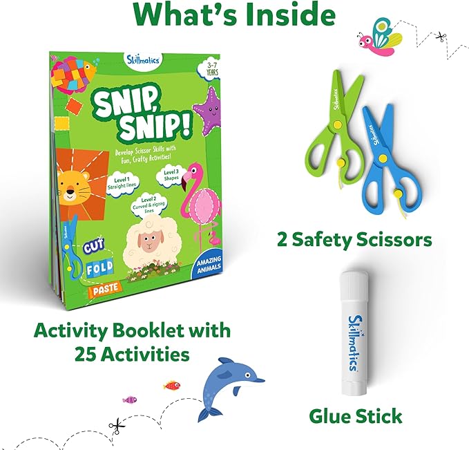 Skillmatics Scissor Skills Activity Book - Snip Snip Animals, Stocking Stuffers, 25 Fun Cutting & Creative Activities, 2 Child-Safe Scissors, Felt Craft Kit, Christmas Gift for Kids Ages 3, 4, 5, 6, 7