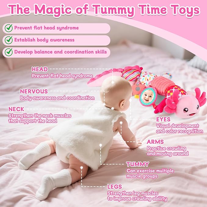 Baby Girls Toys 0-6 6-12 Months,Sensory Axolotl Caterpillar Toys Baby Rattles Musical Tummy Time Toys for 0 3 6 9 12 Months Stuffed Plush with Crinkle, Mirror,Teether for Infant Newborn Shower Gifts