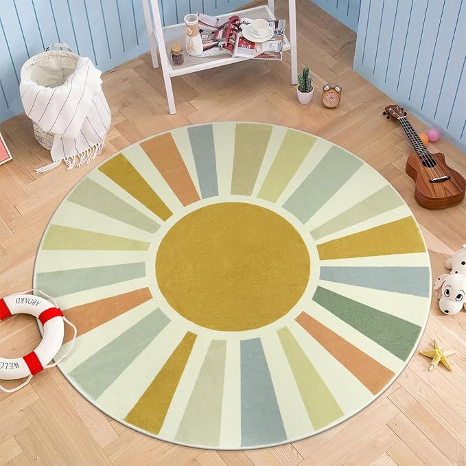 STARUIA Boho Round Rug 4 Ft Washable Area Rug for Kids Room, Colorful Sun Circle Rug for Playroom, Non-Slip Circular Office Carpet Soft Rainbow Rug for Bedroom Reading Corner Dorm