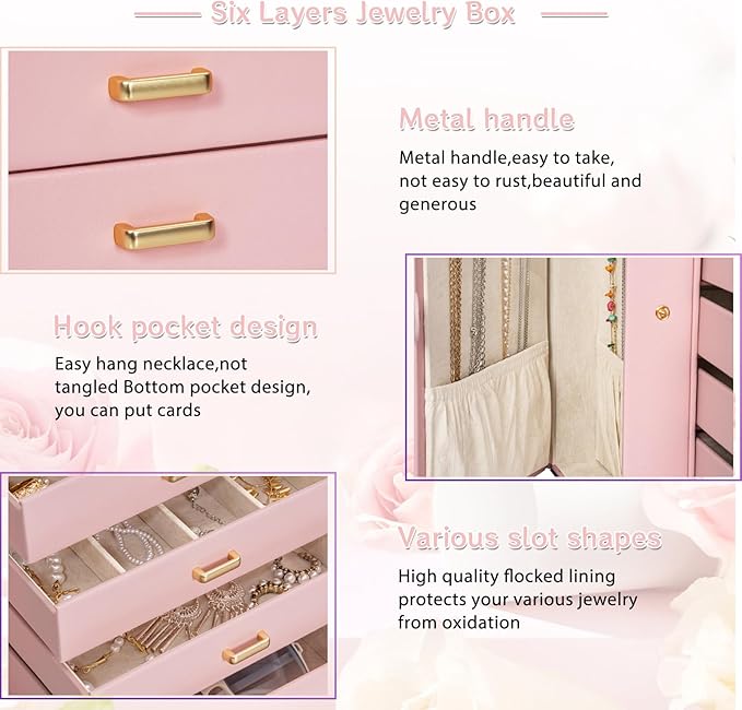 AKOZLIN 6-Tier Jewelry Box Organizer Functional Leather Jewelry Storage Case for Women Girls Ring Necklace Earring Bracelet Holder Organizer with Mirror