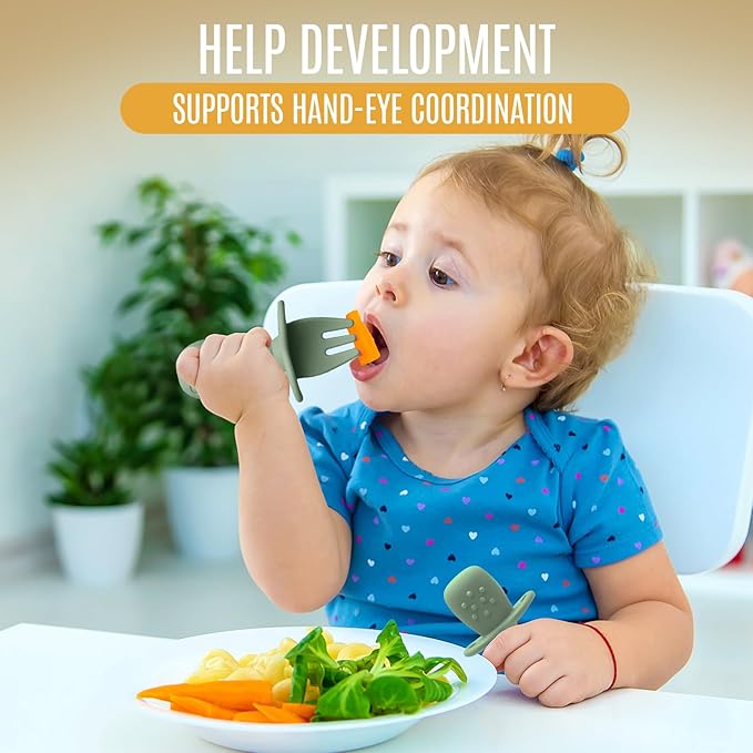 4pc Silicone Baby Spoons Self Feeding Baby Utensils 6-12 Months - 3 Baby Spoon - 1 Baby Fork - Toddler Cutlery Set - BPA Free, Dishwasher Safe - Baby Eating Essentials (Turquoise/Pickle)