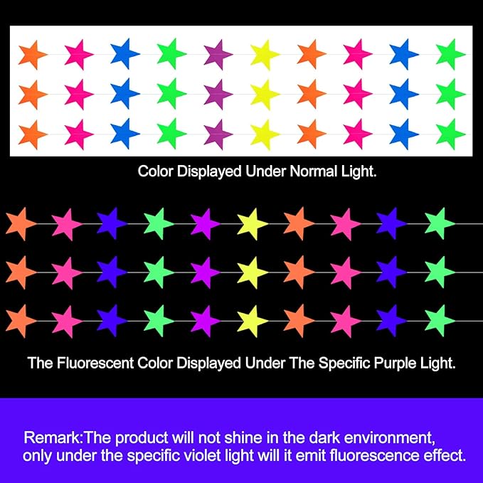 108feet UV Neon Paper Star Garland Glow in The Dark Streamers for neon Party Supplies UV Fluorescent Reactive Paper Star Banner for Wedding Birthday Glow in The Dark Party Favors Neon Party Decor…