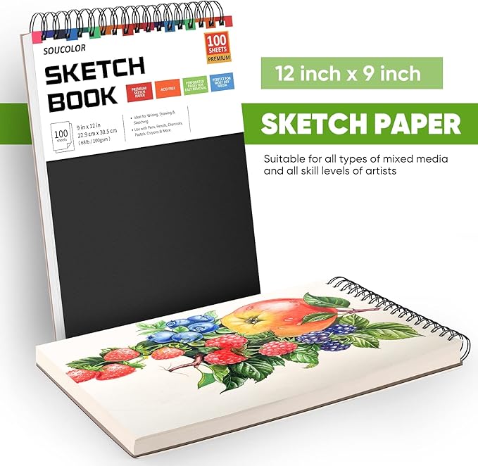Soucolor Artist 9x12 Sketch Book Set, 4 Pack 100-Sheet Spiral Drawing Pads (68lb/100gsm) | Acid-Free Drawing Paper for Teens, Adults Classroom Art Supplies, Charcoal, Graphite, Pastel Pencils & Sticks