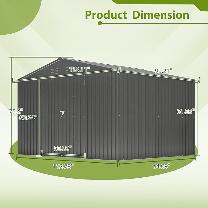 10X8 FT Outdoor Storage Shed, All Weather Metal Sheds with Lockable Doors, Tool Shed for Garden, Patio, Backyard, Lawn, Black
