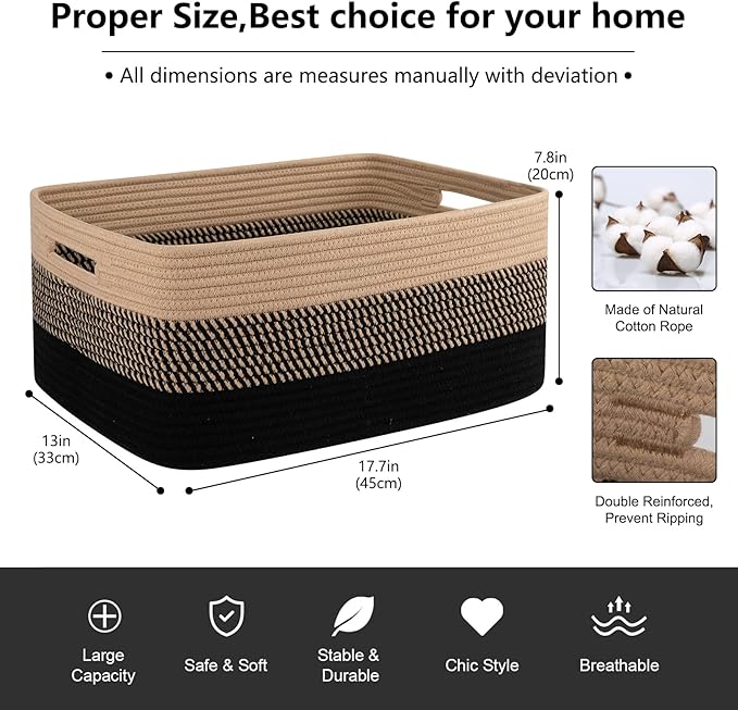 Large Storage Basket for Organizing, Woven Rope Basket for Shelves, Closet Organizer Bins for Clothes, Blanket, Toys, Baby Nursery Storage, 17.7" x 13" x 7.87", 2 Packs Black & Brown