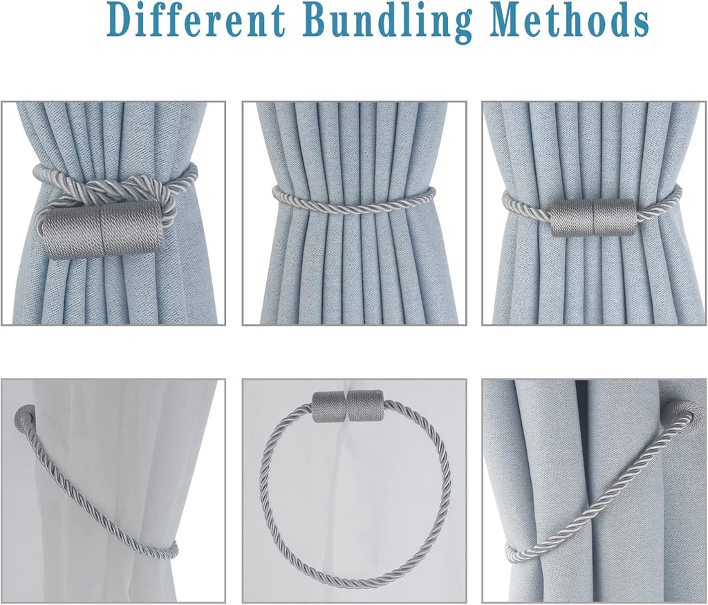 Magnetic Curtain Tiebacks 4 Pack Grey Curtain Rope Tieback Curtain Holders for Drapes Modern Tie Backs Decorative Curtain Holdbacks