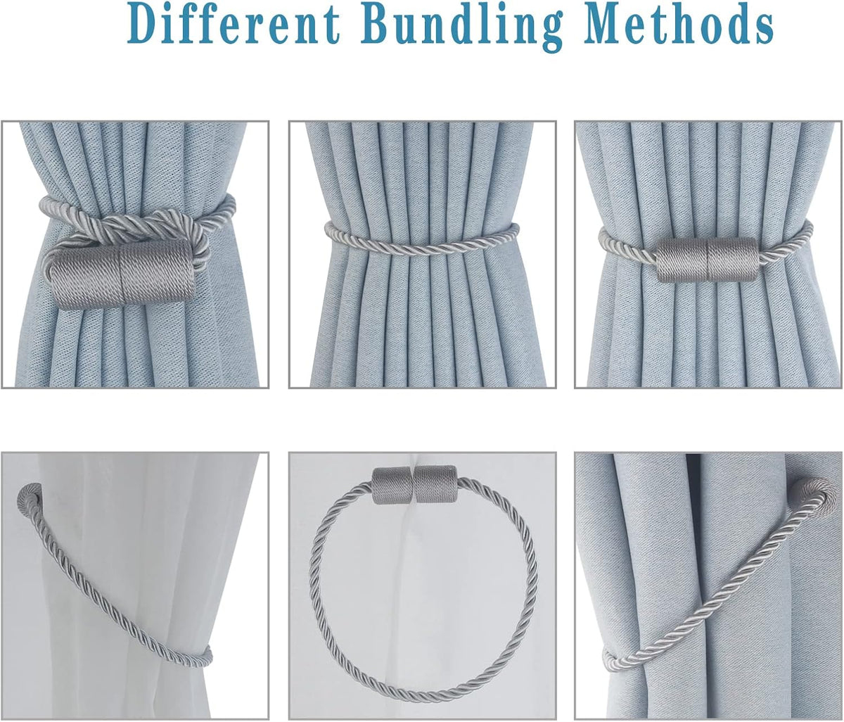 Magnetic Curtain Tiebacks 4 Pack Grey Curtain Rope Tieback Curtain Holders for Drapes Modern Tie Backs Decorative Curtain Holdbacks
