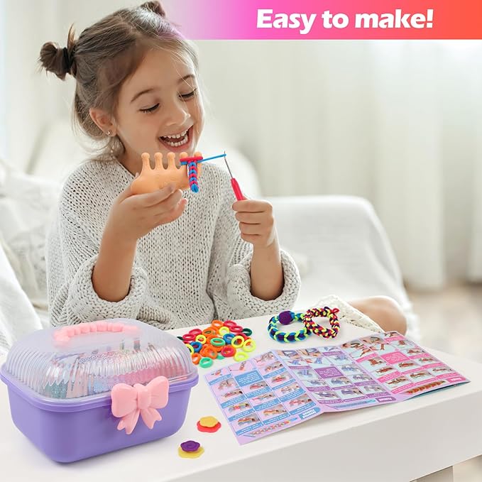 IQBOX Bracelet Making Kit Arts and Crafts for Girls Ages 8-12, Weaving Loom Rainbow Bands DIY Toys Birthday Gifts for Kids 6 7 9 10 11 13 Year Old, 1000+ Elastic Cloth Rubber Band Fabric Loops