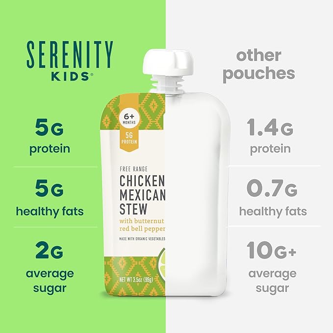Serenity Kids 6+ Months World Explorers Mexican Chicken Baby Food Pouches - Chicken Mexican Stew - BPA-Free Organic Baby Food Puree with Protein & Veggies - 3.5 Oz, 6 Count