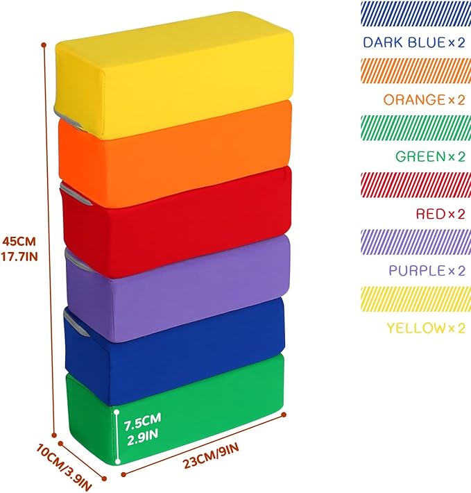 Toddler Foam Buliding Blocks - 12 Piece Fabric Covered 9x4x3inch Stacking Block Sets - Colourful Soft Play Set for Kids Idea for Building and Throwing Fun