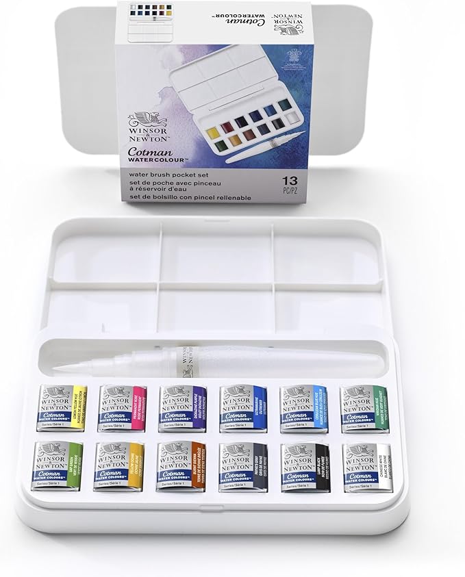 Winsor & Newton Cotman Watercolor Paint Set, 12 Half Pan w/ Water Brush Pen and Mixing Palette