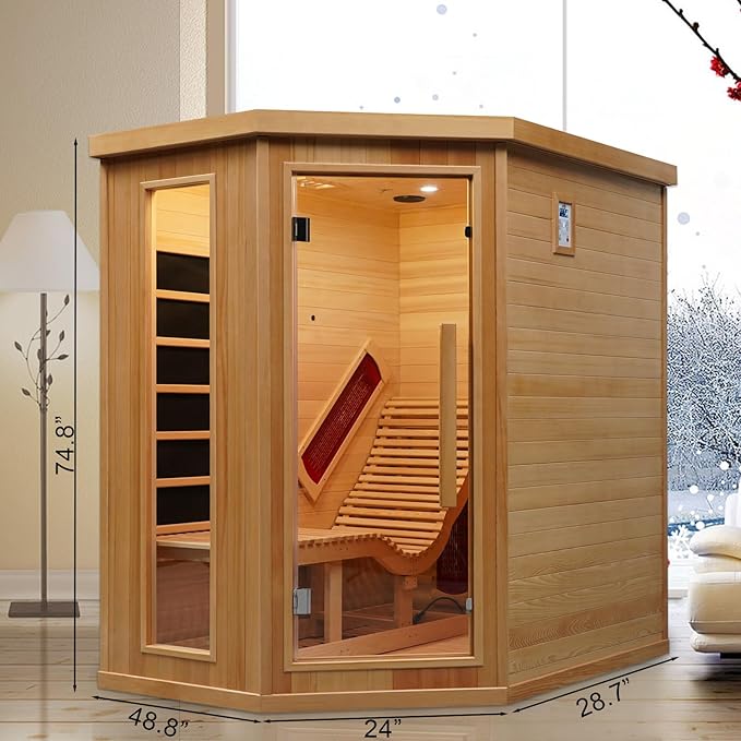 Smartmak Far Infrared Single Recliner Wooden Sauna,Home Indoor Canadian Hemlock Wooden Sauna,with 6 Heaters,Oxygen Bar,LED Controller,Bluetooth,Color Therapy Light(220V, 2300W)