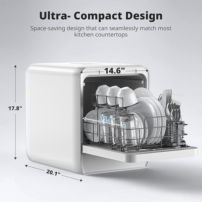AIRMSEN Portable Countertop Dishwasher with 5L Water Tank, Mini Dishwasher with 14.6” Narrow & 20.1“ Deep Design, 9 Programs, 24H Delay Start & 360° Dual Spray, No Hookup Needed, C01, White