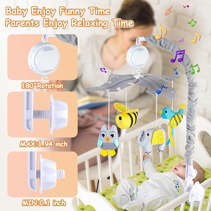 VZO Baby Crib Mobile with Music and Lights, Mobile for Crib with Remote Control, Rotation, Starlight Projection, Crib Toys for Babies Boys Girls Gray