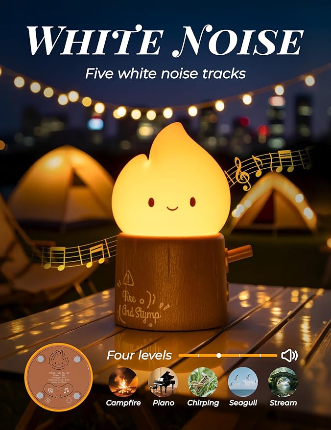 Torch Night Light with Sound Machine for Baby, 2 Modes Candlelight & Night Lamp, Sleep Aid White Noise Soother, Dimmable Warm Night Light for Baby Nursery, Toddler Kids Bedroom