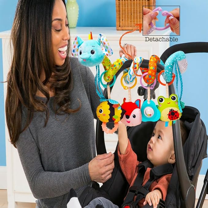 Stroller Toys, Car Seat Toys for Babies Infants 0-6 Months, Activity Spiral Plush Hanging Toy Gift for Baby Boys and Girls 0 3 6 12 Months Newborn Sensory Toy with Rattles Squeaker Music -Blue