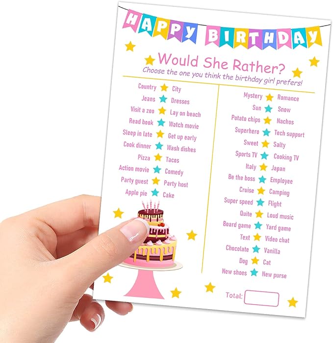 Birthday Girl Party Game-Would She Rather-20 Birthday Game Card Set- Girl Birthday Party Activity Notebook Themed Party Activity and Idea - Girl Birthday Supplies, Activity, Decorations