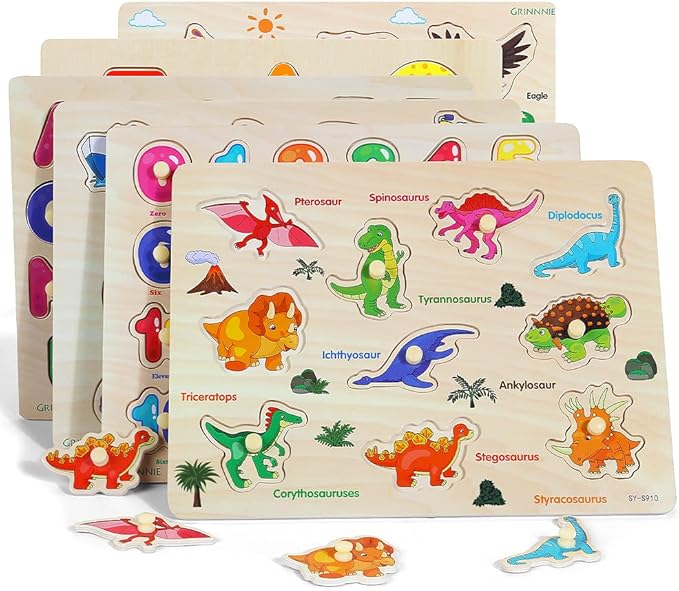 GRINNNIE Wooden Peg Puzzle for Toddlers, 6 Pack Toddler Puzzles Set for 3 4 5 Years Old (Alphabet Number Shape Animal Dinosaur Vehicle), Preschool Education Learning Puzzle Toys for Girls and Boys