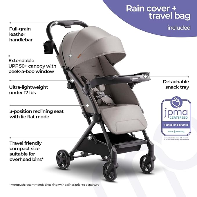 Mompush Lithe V2 Lightweight Travel Stroller, Compact Foldable Baby Stroller with Travel Bag, One-Hand Fold Stroller, Snack Tray, Mechanical Recline Seat, Airplane-Ready, UPF 50+ Canopy & Rain Cover