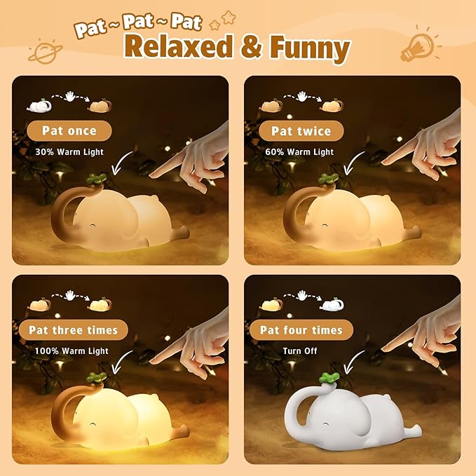 Silicone Elephant Night Light for Kids - 3-Level Dimmable & Rechargeable LED Lamp, Touch Control Soft Animal Light for Nursery, Baby Room Decor