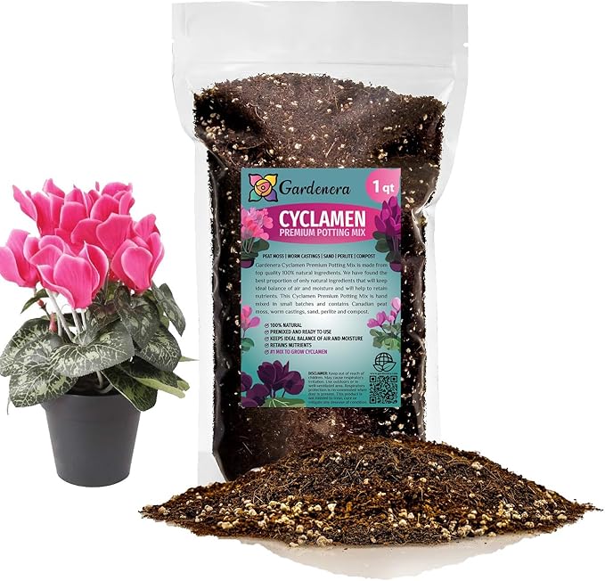 Gardenera Premium Cyclamen Potting Soil Mix - Perfect Balance of Nutrients, Drainage, and Aeration for Thriving Blooms - 1 Quart
