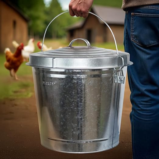 Plexon 10 Gallon Trash Can with Lid Galvanized Metal Bucket with Locking Lid for Poultry Feed Bird Seed Storage Ash Small Garbage Can, 6 Pack