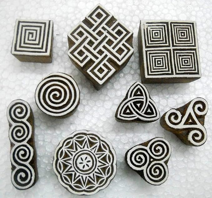 CRAFTSOFINDIA I Set of 9 I Premium Hand-Carved Wooden Block Stamps for Textile, Paper, Clay, Tattoo - Enhanced Print Impressions
