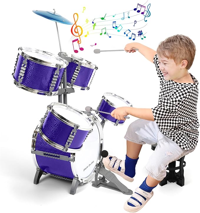 M SANMERSEN Kids Toys Jazz Drum Set - Upgraded Rock Drum Kit with Stool Musical Instruments Educational Birthday Christmas Toys Gifts for Toddlers Child Boys Girls Aged 3 4 5 6 7 8 Year Old
