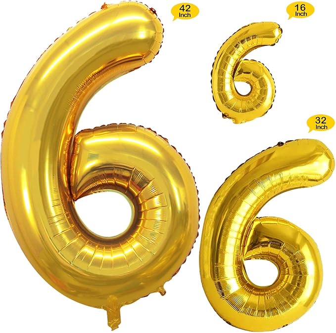 GOER Gold Foil Balloons Number 6,Huge Number Balloons for 6th 66th Birthday Party Supplies Anniversary Decorations (3 pcs,42 inch,32 inch,16inch)