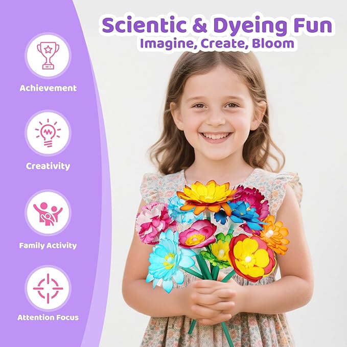 Arts and Crafts for Kids, Paper Flowers Science Kit Magic Dyeing Flowers Crafting Color Changing Art Project Class Group Activities, Gifts for Birthday Thank You Christmas, Toys for Ages 5-12yrs