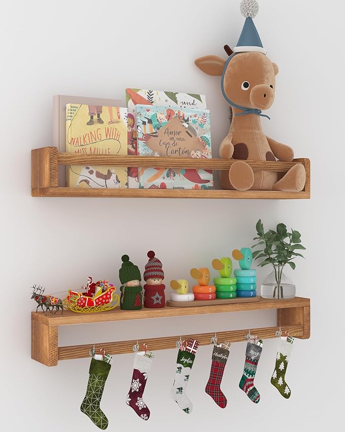 Heimlove 24 Inch Nursery Floating Shelves, Nursery Book Shelves for Wall, Wall Bookshelf for Kids Solid Wood Wall Mounted Shelves for Books,Toys and Decor Storage, Set of 2