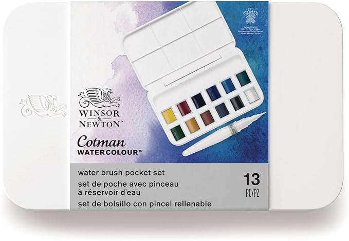 Winsor & Newton Cotman Watercolor Paint Set, 12 Half Pan w/ Water Brush Pen and Mixing Palette
