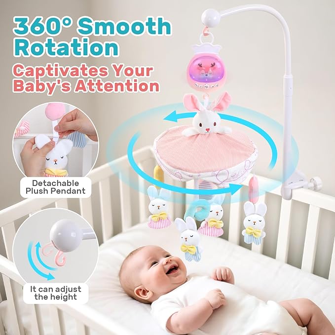 Baby Crib Mobile for Girls with Music, Lights & Projection, Adjustable Volume, 360° Rotating Plush Crib Toys with Detachable Musical Box, Hanging Mobile for Crib, Nursery Decor