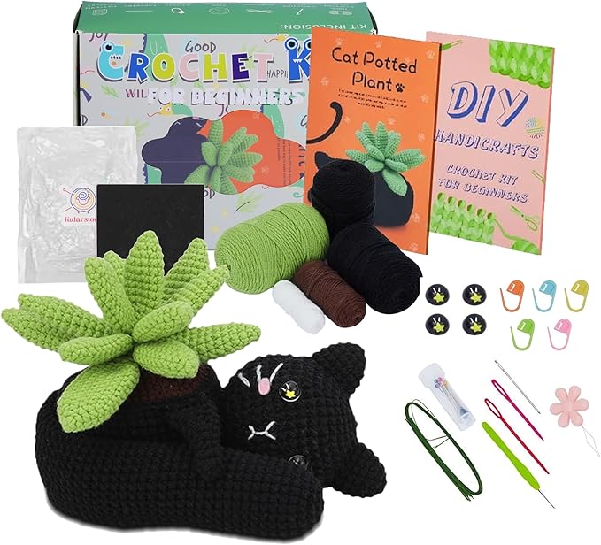 KularStock Beginner Crochet Kit - Black Cat Animal Crochet Kit for Beginners with Yarn, Hooks, Accessories, and Patterns, Knitting & Crocheting Starter Kit for Adults & Kids