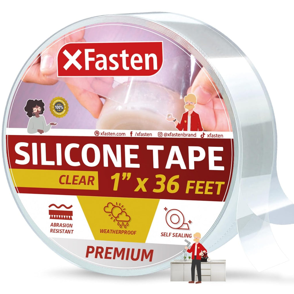 XFasten Self Fusing Silicone Tape Waterproof Clear – 1" x 36 Feet, Self Amalgamating Tape, Silicone Rubber for Plumbing, Sealing Pipes, Hose Repair, Outdoor Coax and Electrical Cables – Weatherproof