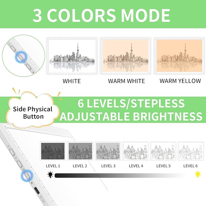 KOBAIBAN A3 Magnetic Light Box for Tracing, Rechargeable Diamond Art Light Board with Side Physical Buttons, 3 Color Light Modes Super Bright Light Pad for Diamond Painting, Weeding Vinyl (White)