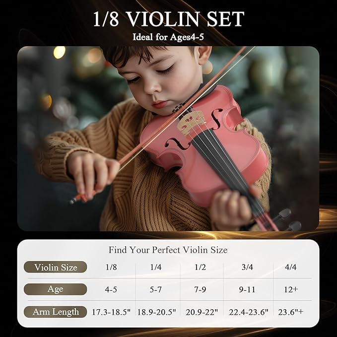 1/8 Violin Kit, Beginner Violin for Kids, Students, Complete Kids Violins Set with Case, Bow, Rosin, Ideal for Kids Violins Beginner Ages 4-5, Pink