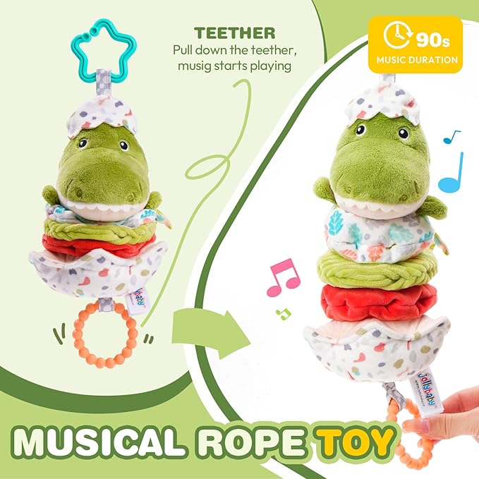 Jollybaby Baby Musical Pull String Hanging Toy for Stroller Car Seat Crib Play Gym, Plush Stuffed Dinasour Toy for Carseat with Music Teether Crinkle Paper, Sensory Toy for 0-6-12-18 Months Baby Gift