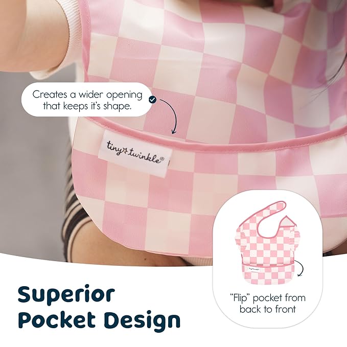Tiny Twinkle Mess Proof Baby Bibs for Eating - Waterproof, Wipeable Bibs - Toddler Bibs - Travel Friendly - PFAS, PVC, BPA, Phthalate Free - Baby Food Bibs(3 Pack,Checkers Girl)