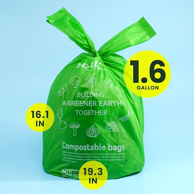 1.6 Gallon Compostable Food Scrap Bags Handle Tie for Kitchen Countertop Bin, 6 Liter Small Compost Bags, 100 Count (Pack of 2), BPI Certified and Meet The ASTM D6400 Standard