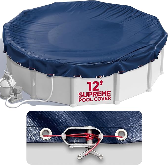 12 ft Round Pool Cover for Above Ground Pools, Above Ground Pool Cover, Swimming Pool Cover, Winter Pool Cover, Keeps Out Debris, Cold and UV Resistant, Supreme Mesh, Navy Blue