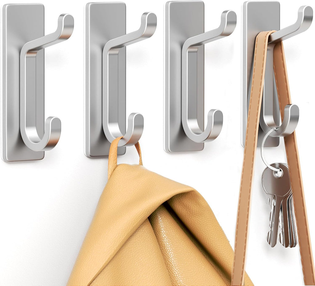 pickpiff Wall Hooks for Coat and Towel: 13LB Adhesive Door Hanger Stick on, Silver 4 Pack
