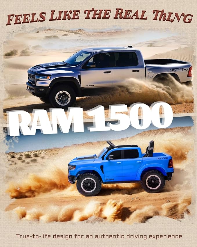 12V Kids Electric Vehicles, Licensed Ram 1500 RHO Kids Ride on Truck with Remote Control, Ride on Car for Children with Smooth Start, Truck Bed Storage, Bluetooth, Aux Port (Blue)