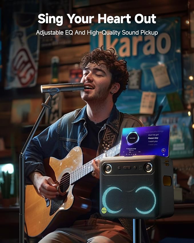 Karaoke Machine with Microphone Stand, Portable Bluetooth Speaker for Party, Backyard, Karaoke System with 2 Wireless Microphone for Adults Kids, for Women, Men, Singing Lovers
