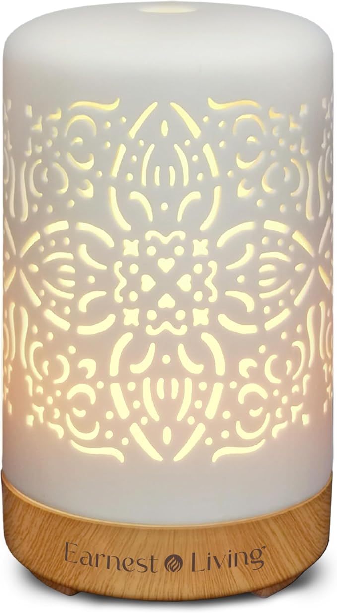Earnest Living Essential Oil Diffuser White Ceramic Diffuser 100 ml Timers Night Lights and Auto Off Function Home Office Humidifier Aromatherapy Diffusers for Essential Oils