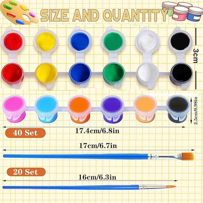 280 Pcs Washable Acrylic Paint for Kids Arts and Crafts, 20 Gouache Watercolor Paint Sets of 12 Colors for Party Classroom Painting Supplies, 20 Flat and 20 Pointed Brushes