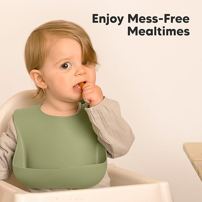 KeaBabies 2-Pack Silicone Baby Bibs for Eating - Sturdy Food-Grade Silicone Bibs for Babies Girl, Boy, Large Food Catcher, Clean & Put On Easily, Waterproof Toddler Feeding Essentials (Forest)