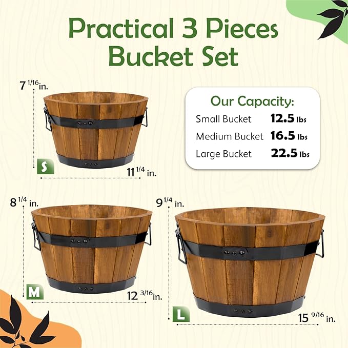 IDZO Set of 3 Wooden Flower Boxes Outdoor, Durable Acacia Wood Barrel Planters for Outdoor Plants with Ergonomic Handles, Drainage Holes, Multiple Sizes Wood Bucket Planter Light Brown