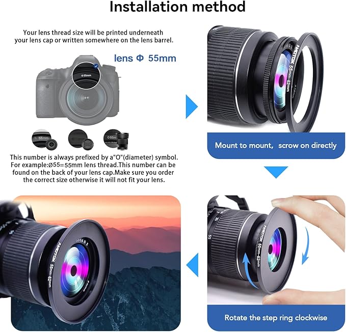 55mm Lens to 62mm Camera Lens Adapter,55mm to 62mm Filter Step-up Ring Adapter Ring,Compatible All 62mm Filter Accessory