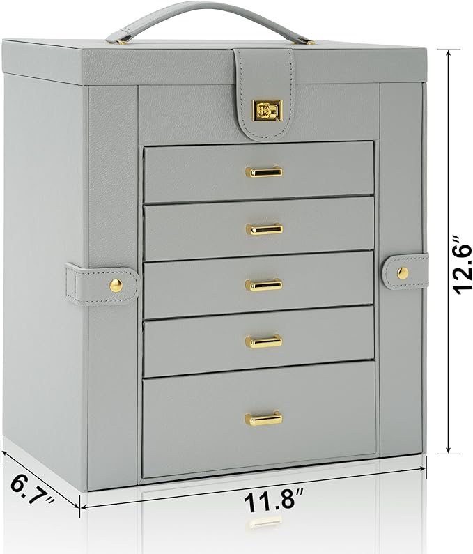 AKOZLIN Extra Large 6-Tier Jewelry Box Organizer Functional Huge, 5 Drawers Leather Jewelry Storage Case for Women Girls Ring Necklace Earring Bracelet Holder Organizer with Mirror Grey